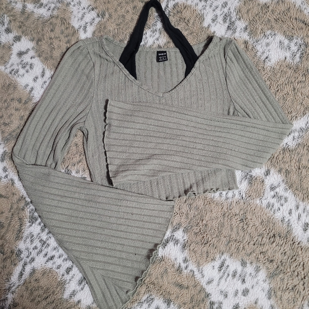 SHEIN Off-Shoulder Ribbed Sweater in Gray